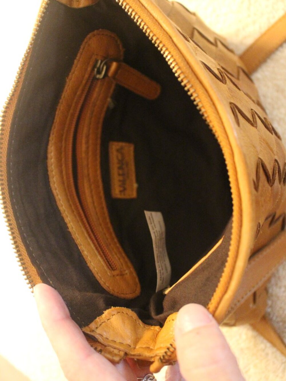 Genuine Leather SKU252Woven Crossbody Bag Brown Cognac Adjustable Strap Boho - Picture 3 of 5